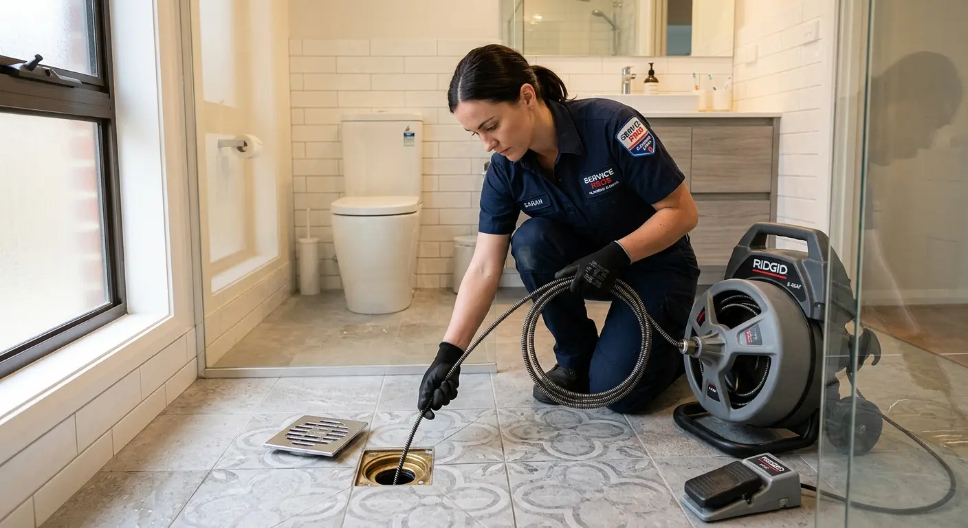 Technician clearing a bathroom floor drain for Sewer Line Replacement in Memphis